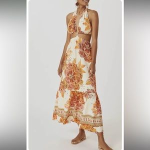 FARM X ANTHROPOLOGIE CUTOUT FLORAL MAXI DRESS